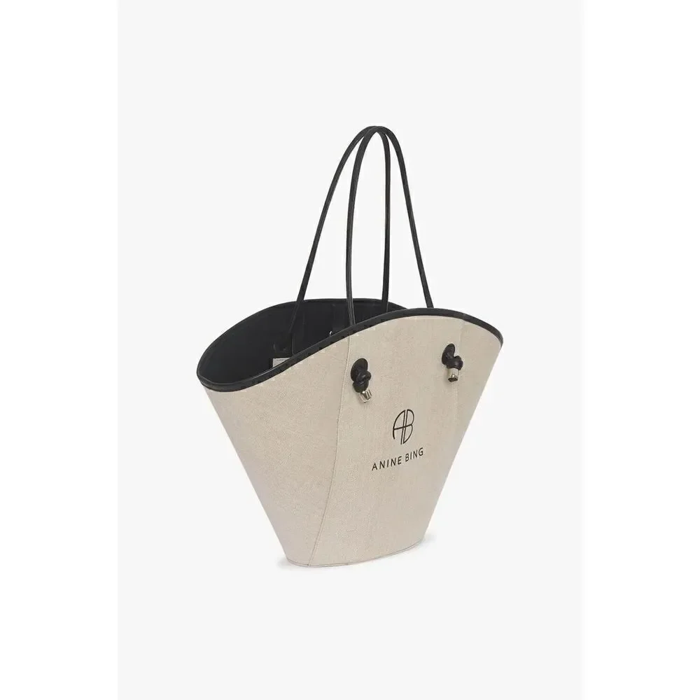 ANINE BING Taylin Linen Tote Bag Beige Brown Silver Hardware NEW